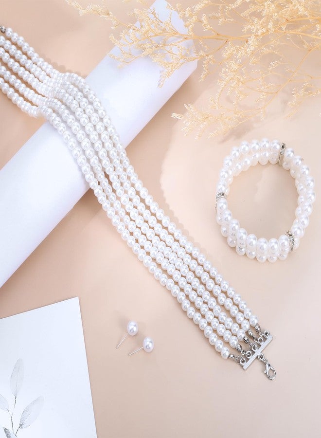 Qiuruoo Faux Pearl Jewelry Set for Women.Pearl Necklace and Earring Set, Choker Necklace for Women, Earrings, Bracelet Set of Three (for Ladies) - Image 5